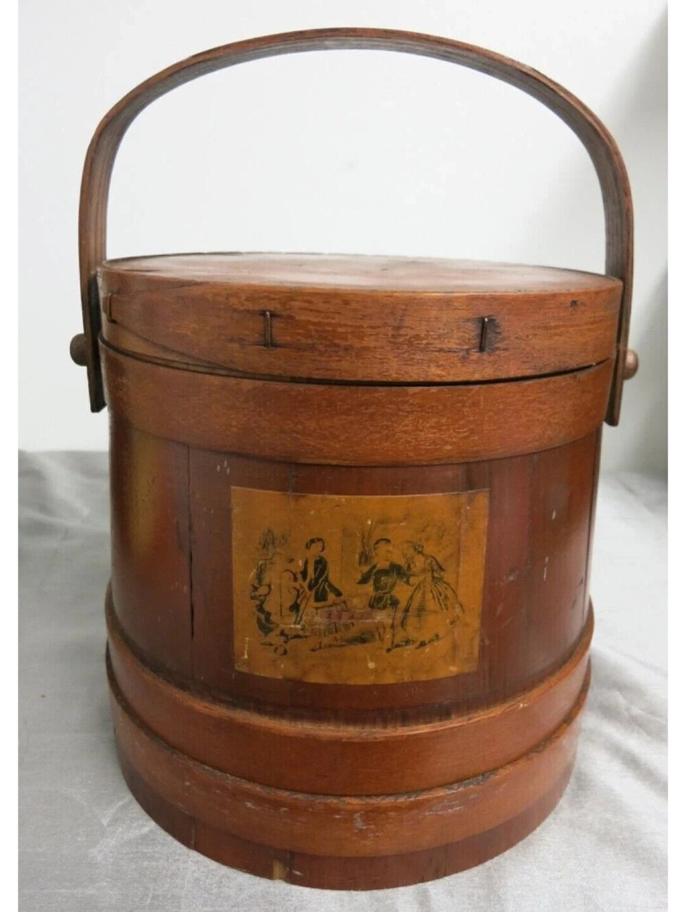 Antique Primitive Wood Firkin/Sugar Sewing Barrel Bucket Basket & Lid